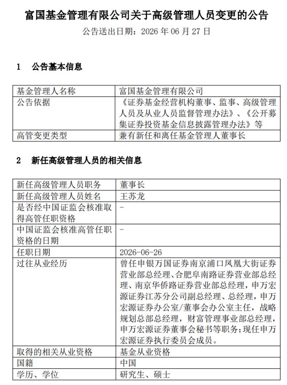 王苏龙履新富国基金董事长!申万宏源证券委派董事席位增至三席